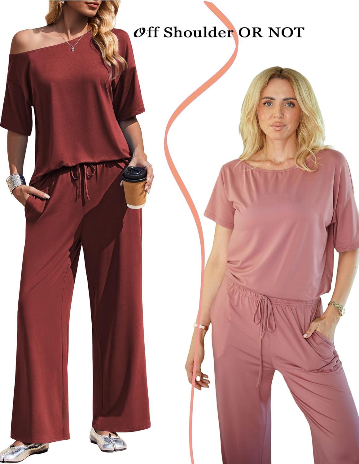 imageEkouaer Lounge Sets for Women Off ShoulderRight Short Sleeve Tops and Long Pants 2 Piece Set Summer Soft Matching OutfitWine Red