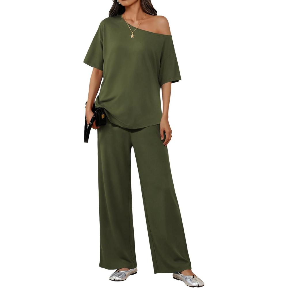 imageEkouaer Lounge Sets for Women Off ShoulderRight Short Sleeve Tops and Long Pants 2 Piece Set Summer Soft Matching OutfitArmy Green