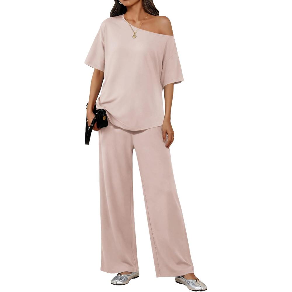imageEkouaer Lounge Sets for Women Off ShoulderRight Short Sleeve Tops and Long Pants 2 Piece Set Summer Soft Matching OutfitBeige