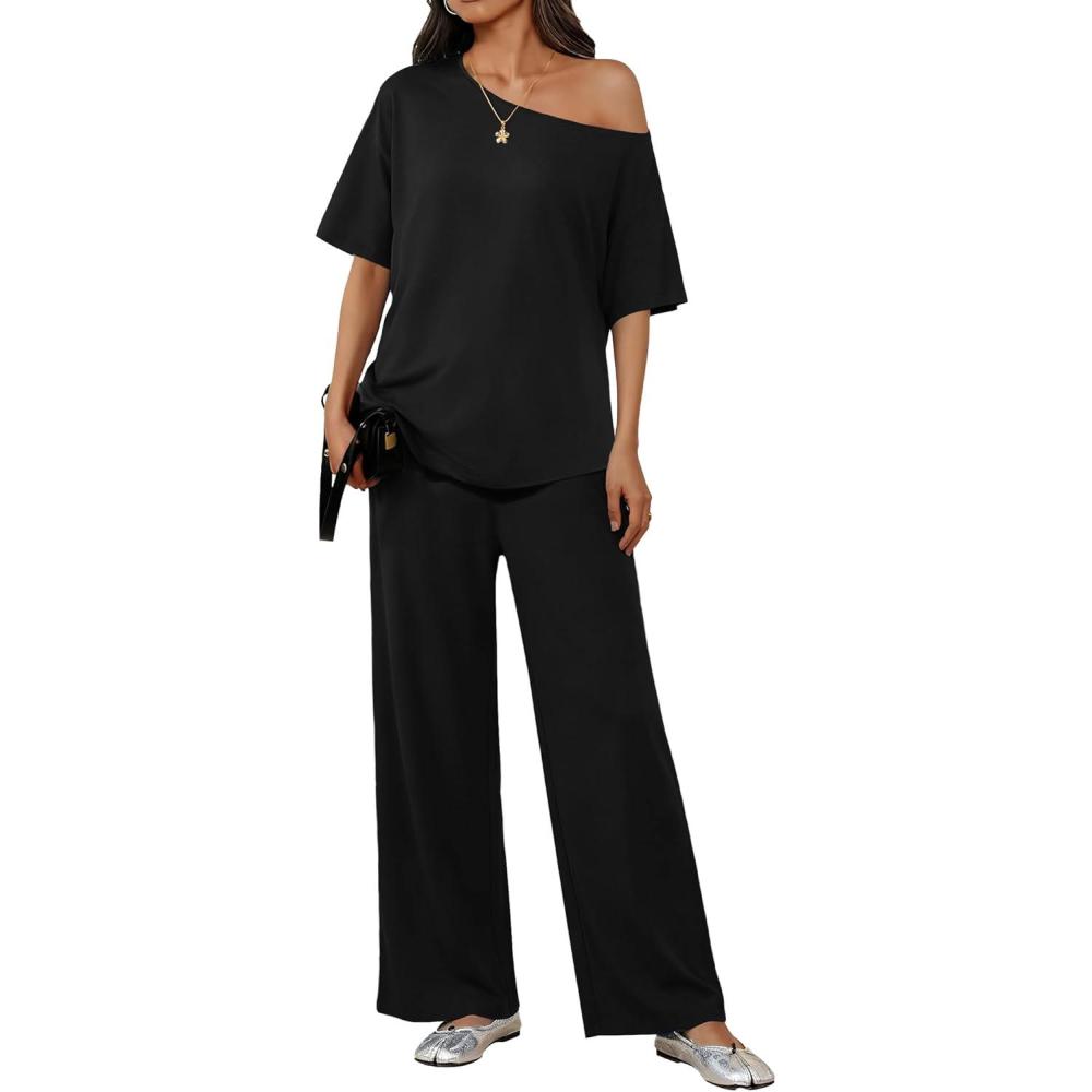 imageEkouaer Lounge Sets for Women Off ShoulderRight Short Sleeve Tops and Long Pants 2 Piece Set Summer Soft Matching OutfitBlack