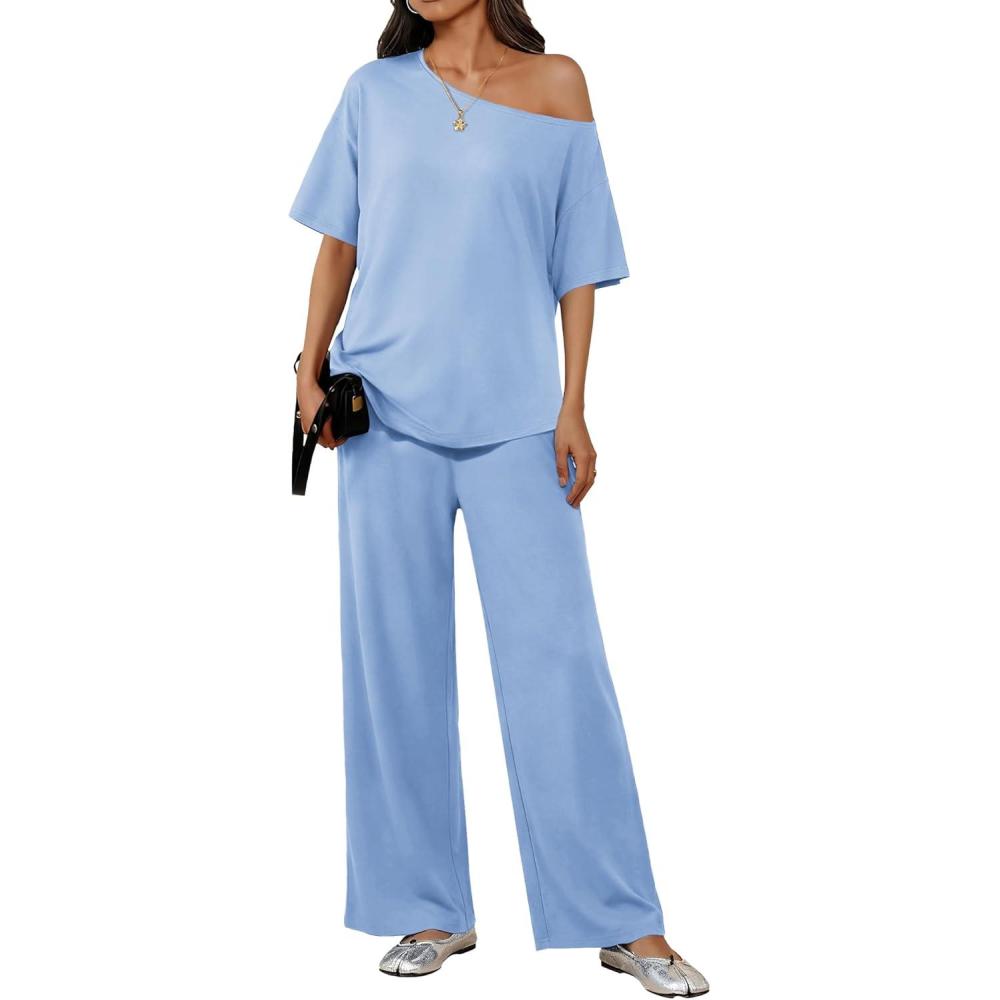imageEkouaer Lounge Sets for Women Off ShoulderRight Short Sleeve Tops and Long Pants 2 Piece Set Summer Soft Matching OutfitClear Blue
