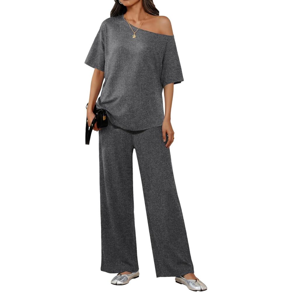 imageEkouaer Lounge Sets for Women Off ShoulderRight Short Sleeve Tops and Long Pants 2 Piece Set Summer Soft Matching OutfitDark Gray
