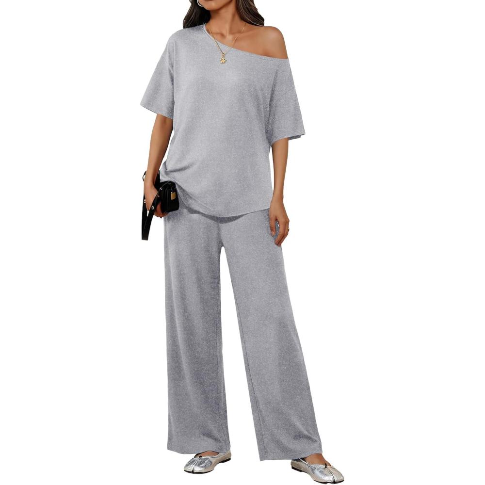 imageEkouaer Lounge Sets for Women Off ShoulderRight Short Sleeve Tops and Long Pants 2 Piece Set Summer Soft Matching OutfitLight Gray
