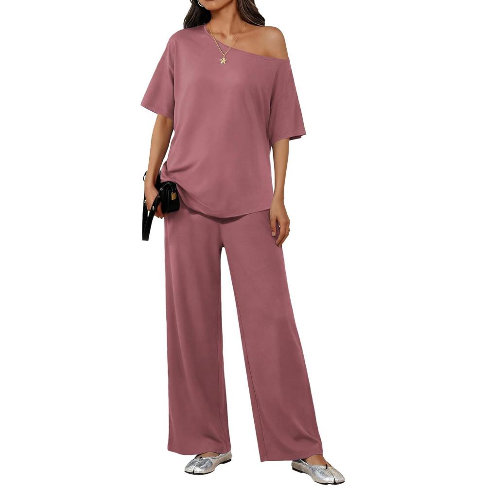 imageEkouaer Lounge Sets for Women Off ShoulderRight Short Sleeve Tops and Long Pants 2 Piece Set Summer Soft Matching OutfitOld Rose