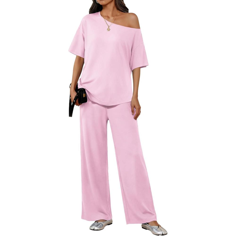 imageEkouaer Lounge Sets for Women Off ShoulderRight Short Sleeve Tops and Long Pants 2 Piece Set Summer Soft Matching OutfitPink