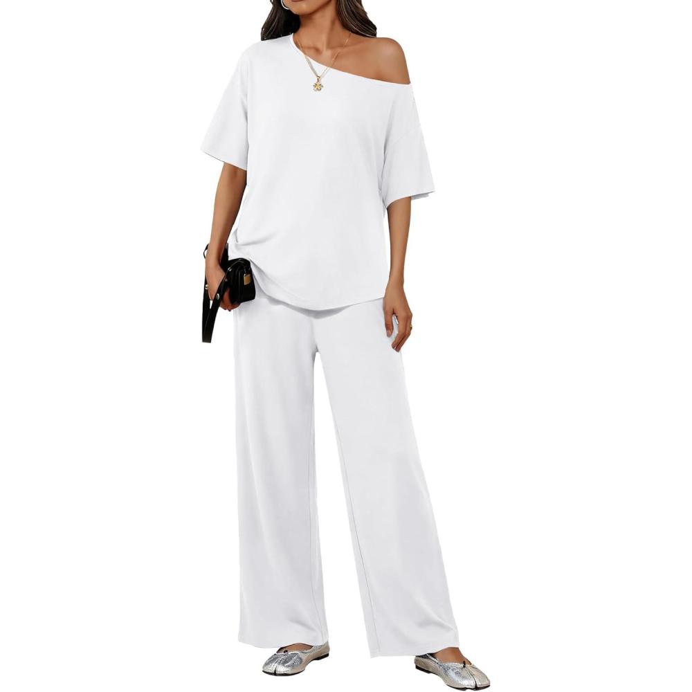 imageEkouaer Lounge Sets for Women Off ShoulderRight Short Sleeve Tops and Long Pants 2 Piece Set Summer Soft Matching OutfitWhitethin