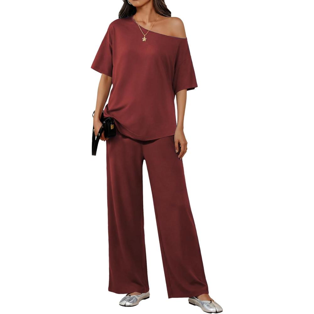 imageEkouaer Lounge Sets for Women Off ShoulderRight Short Sleeve Tops and Long Pants 2 Piece Set Summer Soft Matching OutfitWine Red