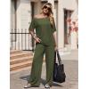 Ekouaer Lounge Sets for Women Off Shoulder(Right) Short Sleeve Tops and Long Pants 2 Piece Set Summer Soft Matching Outfit(Army Green)