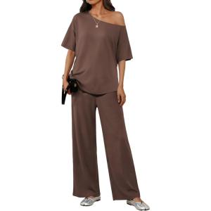 Ekouaer Lounge Sets for Women Off Shoulder(Right) Short Sleeve Tops and Long Pants 2 Piece Set Summer Soft Matching Outfit(Brown)