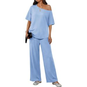 Ekouaer Lounge Sets for Women Off Shoulder(Right) Short Sleeve Tops and Long Pants 2 Piece Set Summer Soft Matching Outfit(Clear Blue)