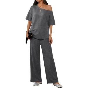 Ekouaer Lounge Sets for Women Off Shoulder(Right) Short Sleeve Tops and Long Pants 2 Piece Set Summer Soft Matching Outfit(Dark Gray)