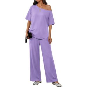 Ekouaer Lounge Sets for Women Off Shoulder(Right) Short Sleeve Tops and Long Pants 2 Piece Set Summer Soft Matching Outfit(Lilac)