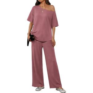 Ekouaer Lounge Sets for Women Off Shoulder(Right) Short Sleeve Tops and Long Pants 2 Piece Set Summer Soft Matching Outfit(Old Rose)