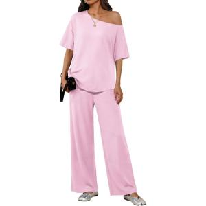 Ekouaer Lounge Sets for Women Off Shoulder(Right) Short Sleeve Tops and Long Pants 2 Piece Set Summer Soft Matching Outfit(Pink)