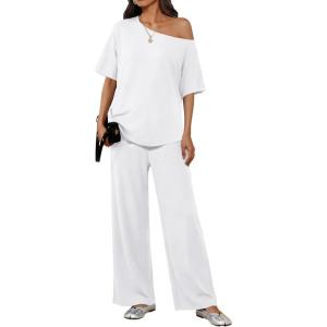 Ekouaer Lounge Sets for Women Off Shoulder(Right) Short Sleeve Tops and Long Pants 2 Piece Set Summer Soft Matching Outfit(White(thin))