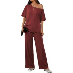 Ekouaer Lounge Sets for Women Off Shoulder(Right) Short Sleeve Tops and Long Pants 2 Piece Set Summer Soft Matching Outfit(Wine Red)