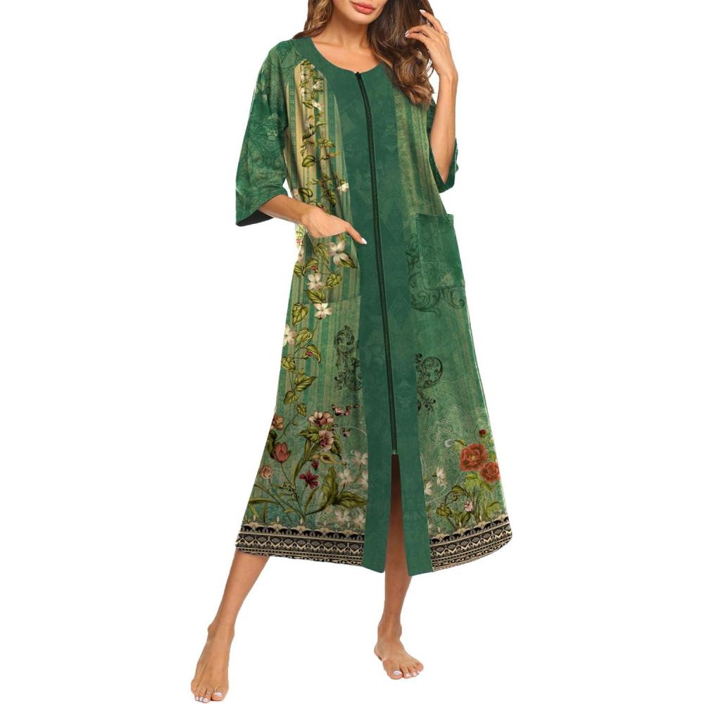 imageEkouaer Womens Zipper Robe 34 Sleeve Housecoats Full Length House Dress Loungewear Long Nightgown with PocketsGreen Floral