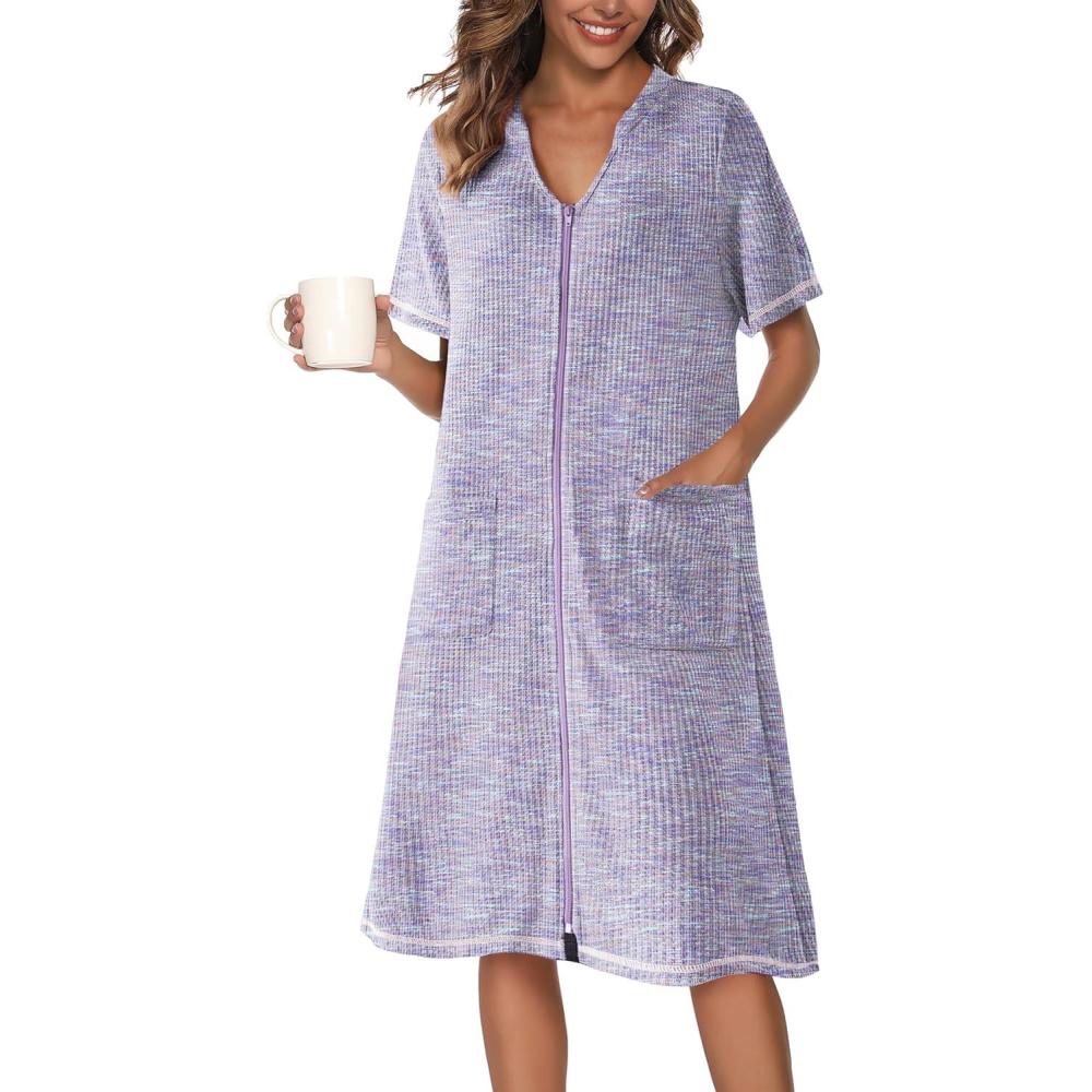 imageEkouaer Zipper Robes for Women Waffle Knit Bathrobes Short Lightweight Knee Length Loungewear with Pockets SXXLApurple Tiedye