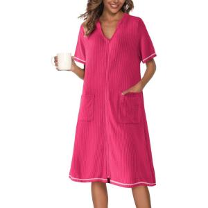 Ekouaer Zipper Robes for Women Waffle Knit Bathrobes Short Lightweight Knee Length Loungewear with Pockets S-XXL(A-hot Pink)