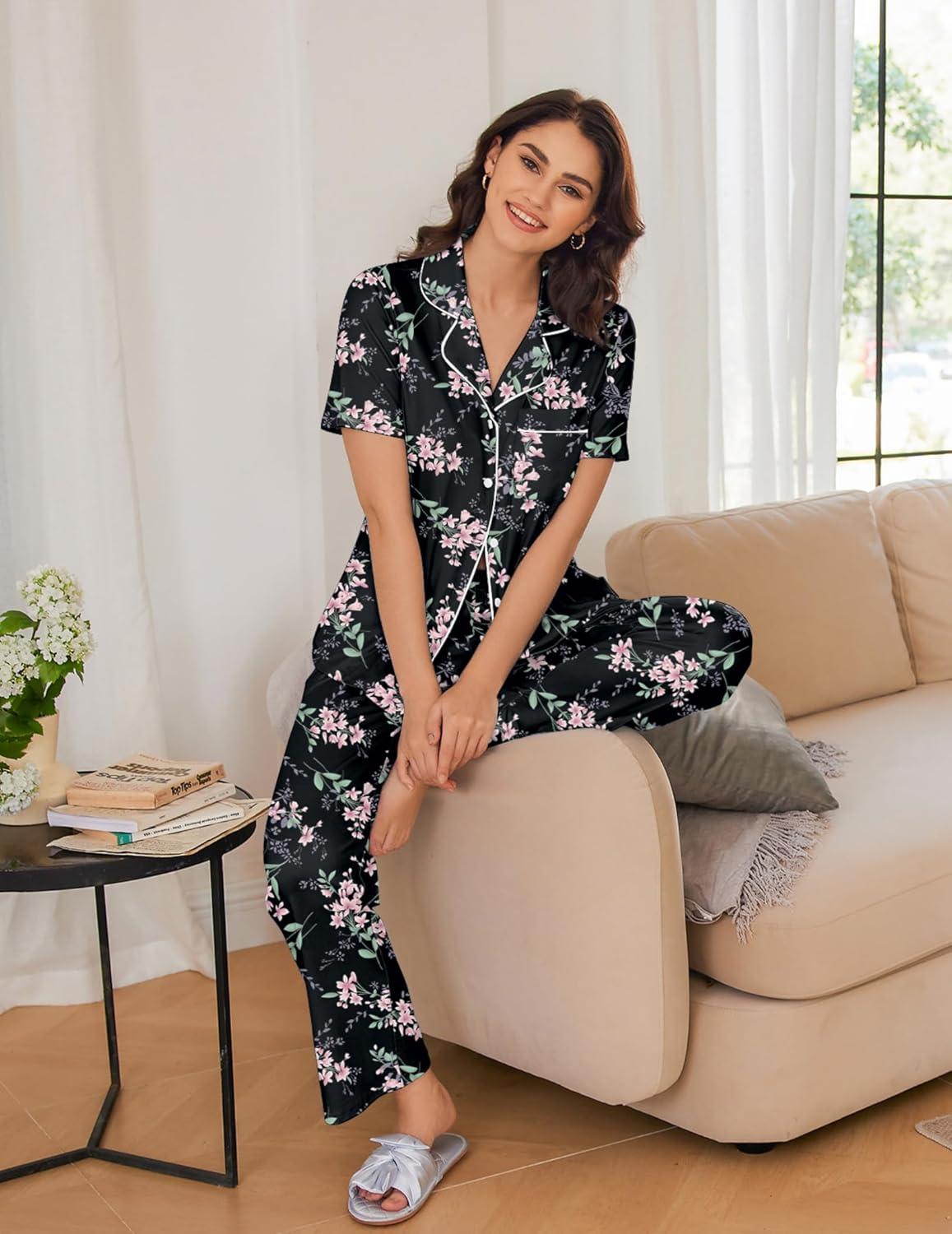 imageEkouaer Women Pajamas Set Button Down Sleepwear Short Sleeve Nightwear with Long Pants Soft Pjs Set SXXLBig Black Flowers1
