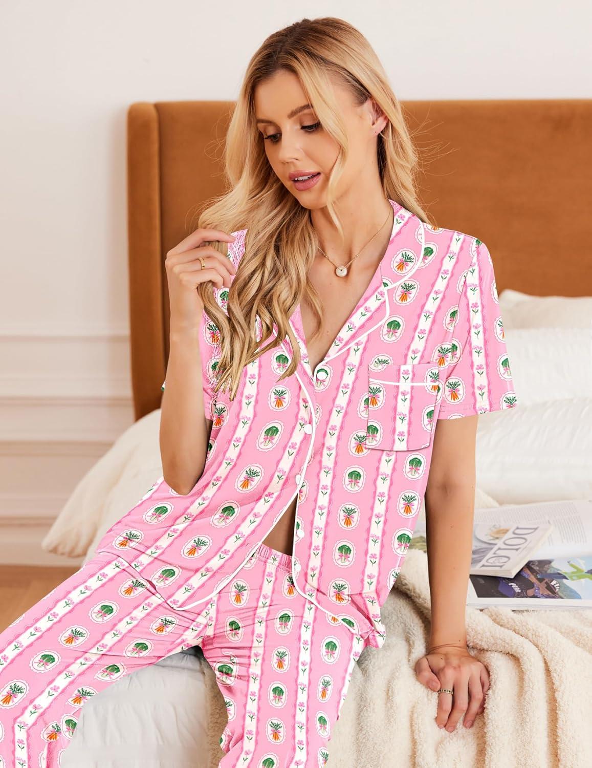 imageEkouaer Women Pajamas Set Button Down Sleepwear Short Sleeve Nightwear with Long Pants Soft Pjs Set SXXLCarrot