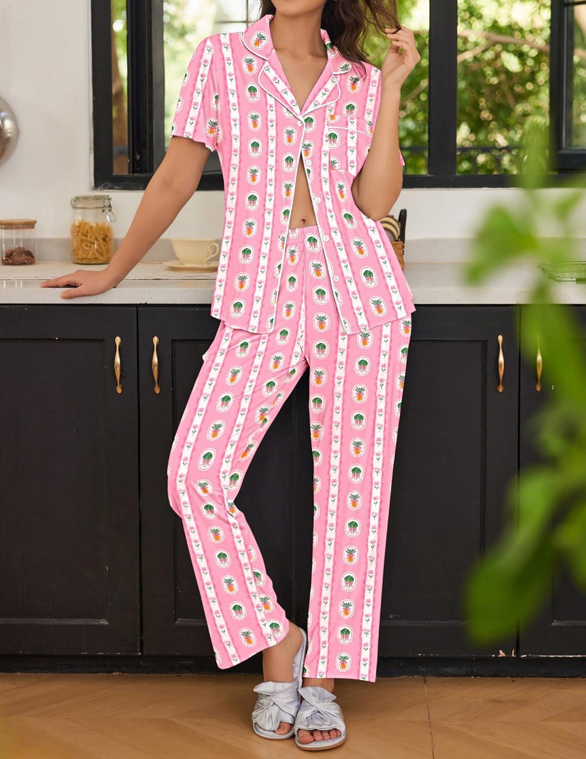imageEkouaer Women Pajamas Set Button Down Sleepwear Short Sleeve Nightwear with Long Pants Soft Pjs Set SXXLCarrot