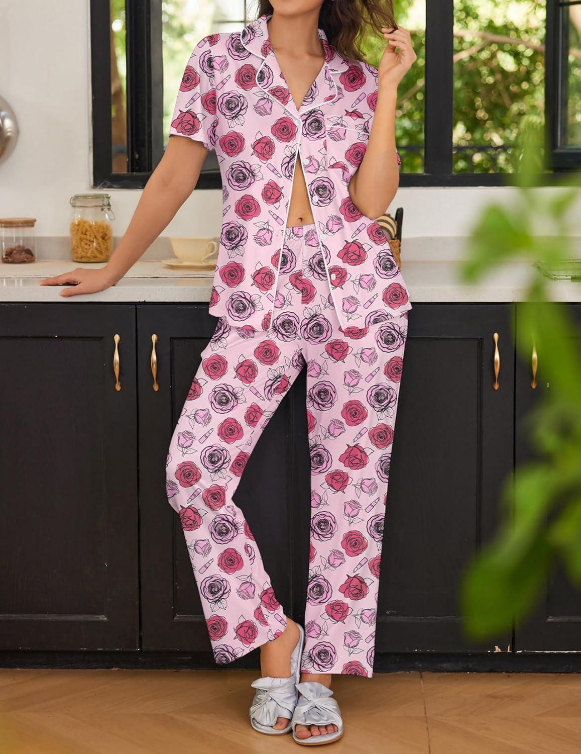 imageEkouaer Women Pajamas Set Button Down Sleepwear Short Sleeve Nightwear with Long Pants Soft Pjs Set SXXLPainting Rose