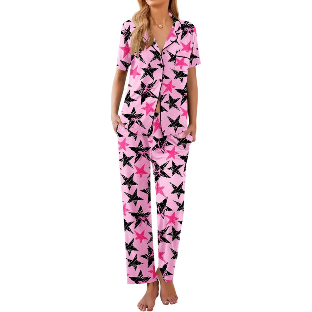 imageEkouaer Women Pajamas Set Button Down Sleepwear Short Sleeve Nightwear with Long Pants Soft Pjs Set SXXLFivepointed Star