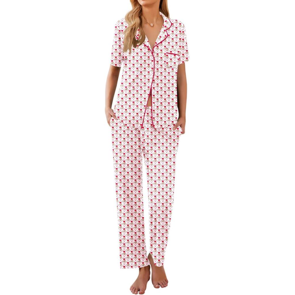 imageEkouaer Women Pajamas Set Button Down Sleepwear Short Sleeve Nightwear with Long Pants Soft Pjs Set SXXLFlowers Bf376