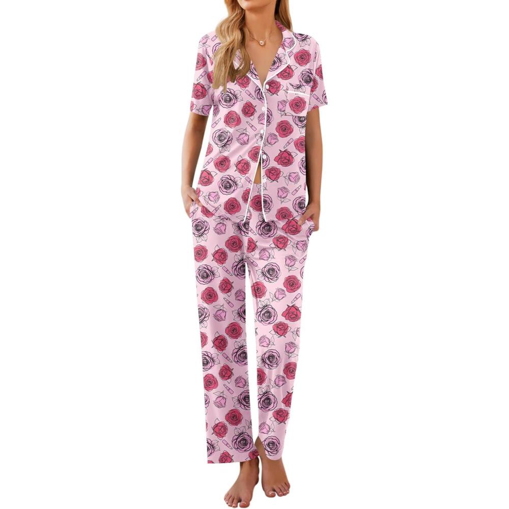 imageEkouaer Women Pajamas Set Button Down Sleepwear Short Sleeve Nightwear with Long Pants Soft Pjs Set SXXLPainting Rose
