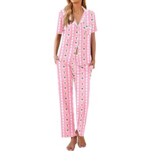 Ekouaer Women Pajamas Set Button Down Sleepwear Short Sleeve Nightwear with Long Pants Soft Pjs Set S-XXL(Carrot)
