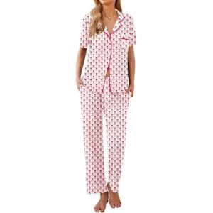 Ekouaer Women Pajamas Set Button Down Sleepwear Short Sleeve Nightwear with Long Pants Soft Pjs Set S-XXL(Flowers Bf376)