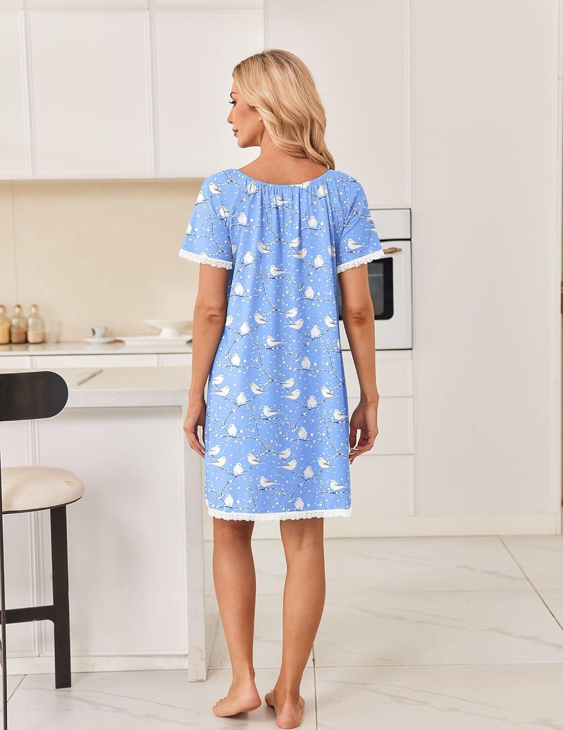 imageEkouaer Cotton Nightgowns for Women Pleated Sleep Shirts Short Sleeve Night Shirt Lace Trim Sleep Dress Ladies GownBlue Birds