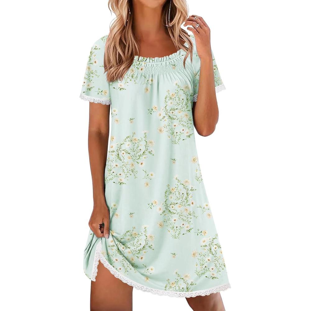 imageEkouaer Cotton Nightgowns for Women Pleated Sleep Shirts Short Sleeve Night Shirt Lace Trim Sleep Dress Ladies GownFloral Mint Green
