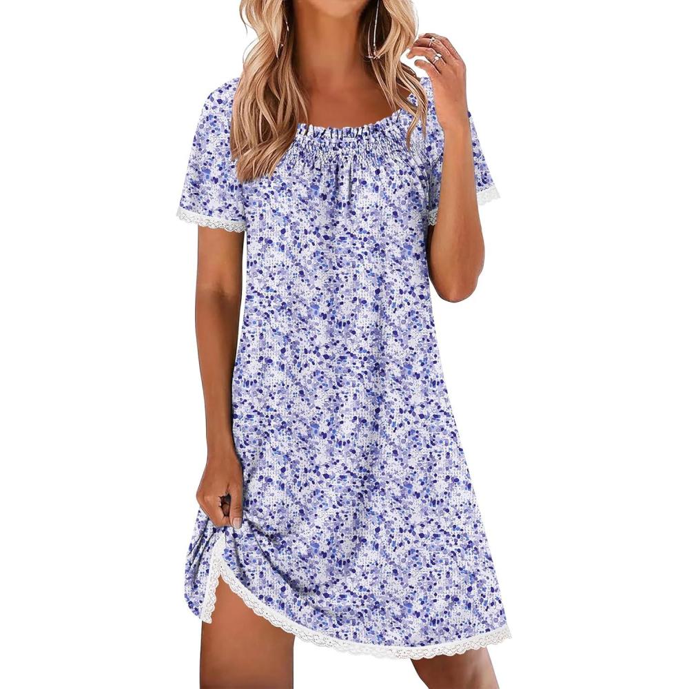 imageEkouaer Cotton Nightgowns for Women Pleated Sleep Shirts Short Sleeve Night Shirt Lace Trim Sleep Dress Ladies GownFloral Purple