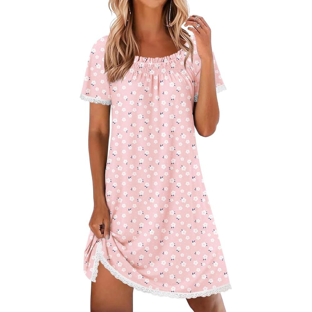 imageEkouaer Cotton Nightgowns for Women Pleated Sleep Shirts Short Sleeve Night Shirt Lace Trim Sleep Dress Ladies GownFloral White