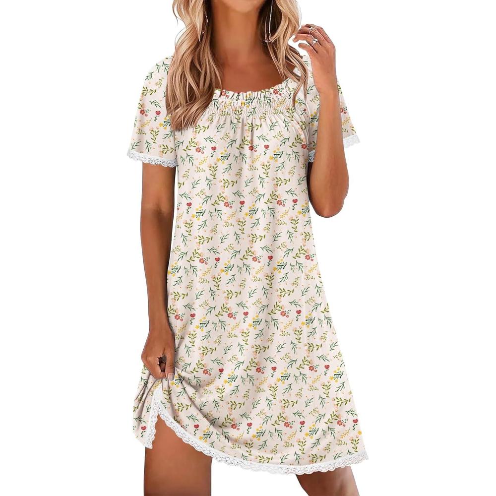 imageEkouaer Cotton Nightgowns for Women Pleated Sleep Shirts Short Sleeve Night Shirt Lace Trim Sleep Dress Ladies GownFloral Yellow