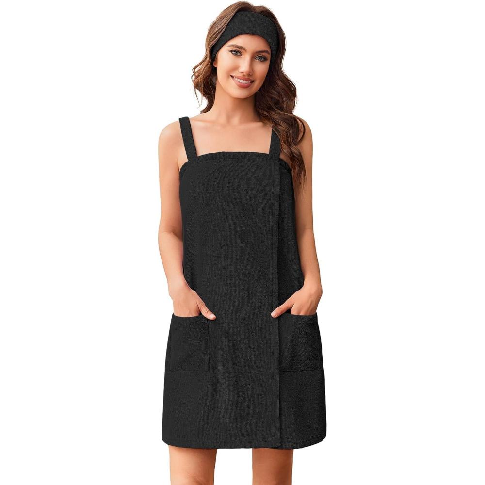 imageEkouaer Towel Wrap for Women Spa Bath Robe Lightweight Terry Cloth Wrap Adjustable Shower Robe with Headband SXLBlack