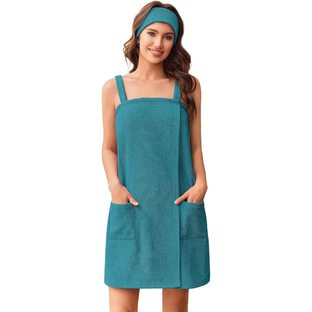 imageEkouaer Towel Wrap for Women Spa Bath Robe Lightweight Terry Cloth Wrap Adjustable Shower Robe with Headband SXLBlue
