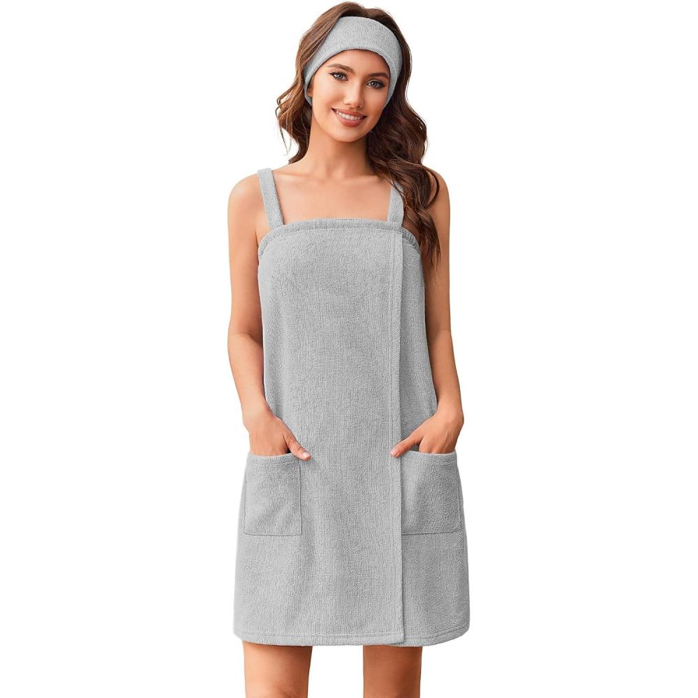 imageEkouaer Towel Wrap for Women Spa Bath Robe Lightweight Terry Cloth Wrap Adjustable Shower Robe with Headband SXLGrey