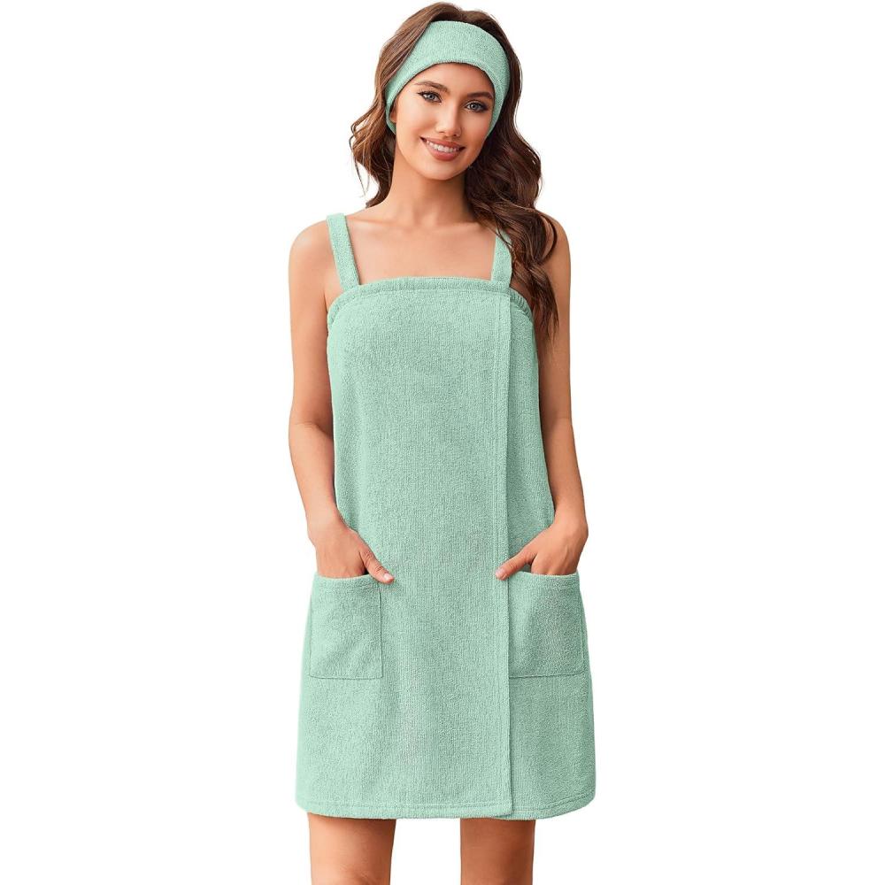 imageEkouaer Towel Wrap for Women Spa Bath Robe Lightweight Terry Cloth Wrap Adjustable Shower Robe with Headband SXLMint Green