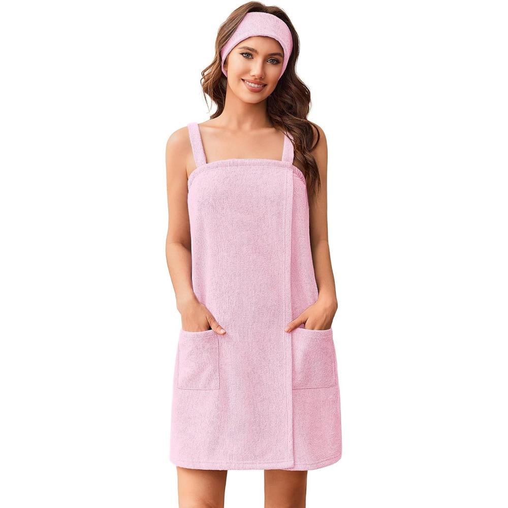 imageEkouaer Towel Wrap for Women Spa Bath Robe Lightweight Terry Cloth Wrap Adjustable Shower Robe with Headband SXLPink