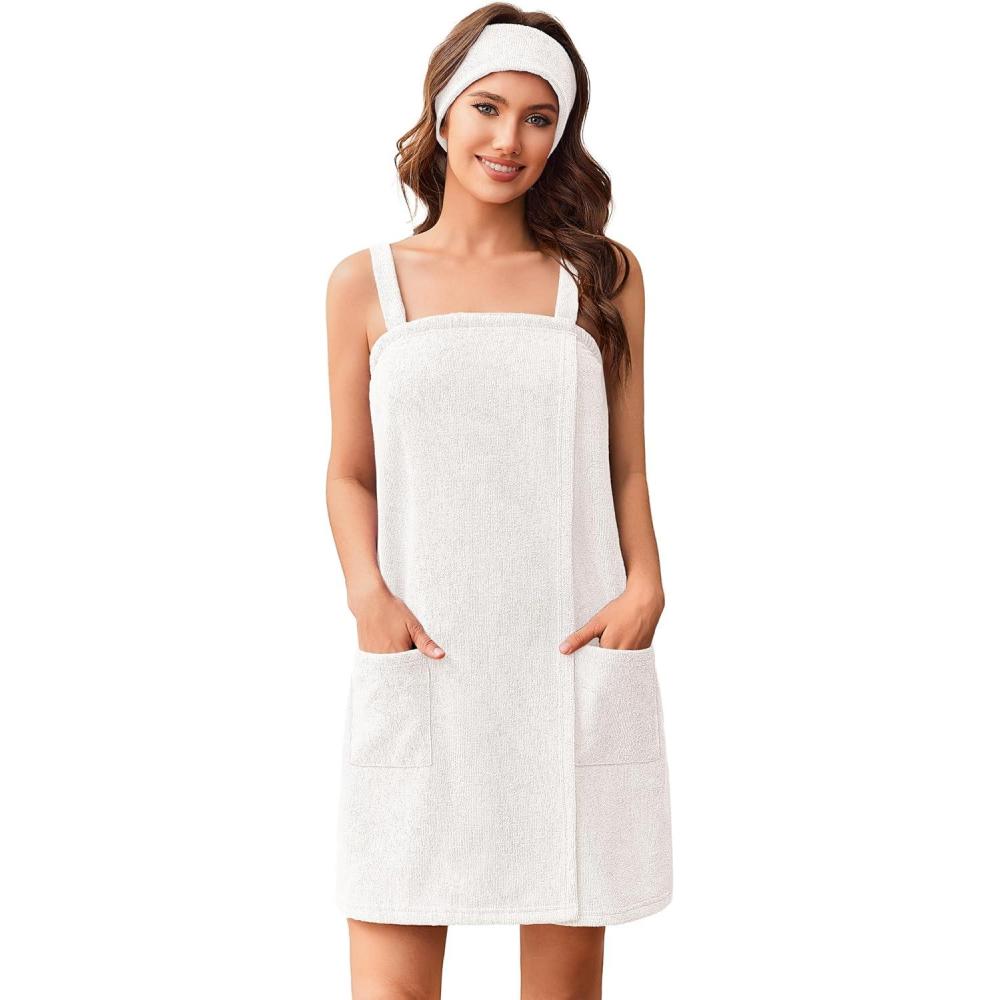 imageEkouaer Towel Wrap for Women Spa Bath Robe Lightweight Terry Cloth Wrap Adjustable Shower Robe with Headband SXLWhite