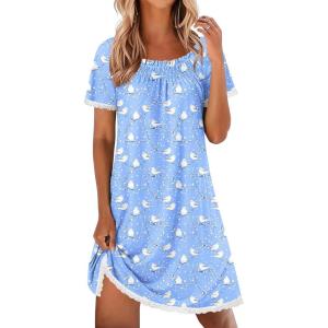 Ekouaer Cotton Nightgowns for Women Pleated Sleep Shirts Short Sleeve Night Shirt Lace Trim Sleep Dress Ladies Gown(Blue Birds)