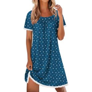 Ekouaer Cotton Nightgowns for Women Pleated Sleep Shirts Short Sleeve Night Shirt Lace Trim Sleep Dress Ladies Gown(Dog Footprints)