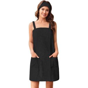 Ekouaer Towel Wrap for Women Spa Bath Robe Lightweight Terry Cloth Wrap Adjustable Shower Robe with Headband S-XL(Black)