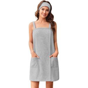 Ekouaer Towel Wrap for Women Spa Bath Robe Lightweight Terry Cloth Wrap Adjustable Shower Robe with Headband S-XL(Grey)