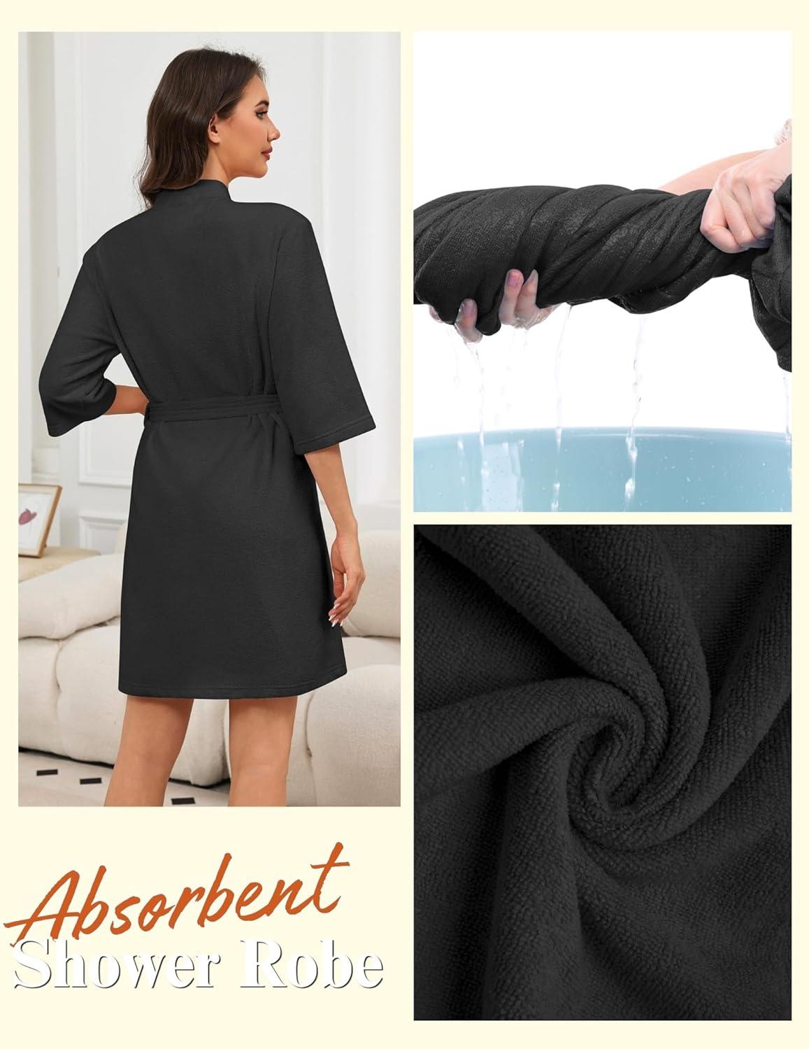 imageEkouaer Women Terry Cloth Robes Absorbent Towel Robe Knee Length Soft Bathrobe 34 Sleeve Spa Robe with Pockets S2XLBlack