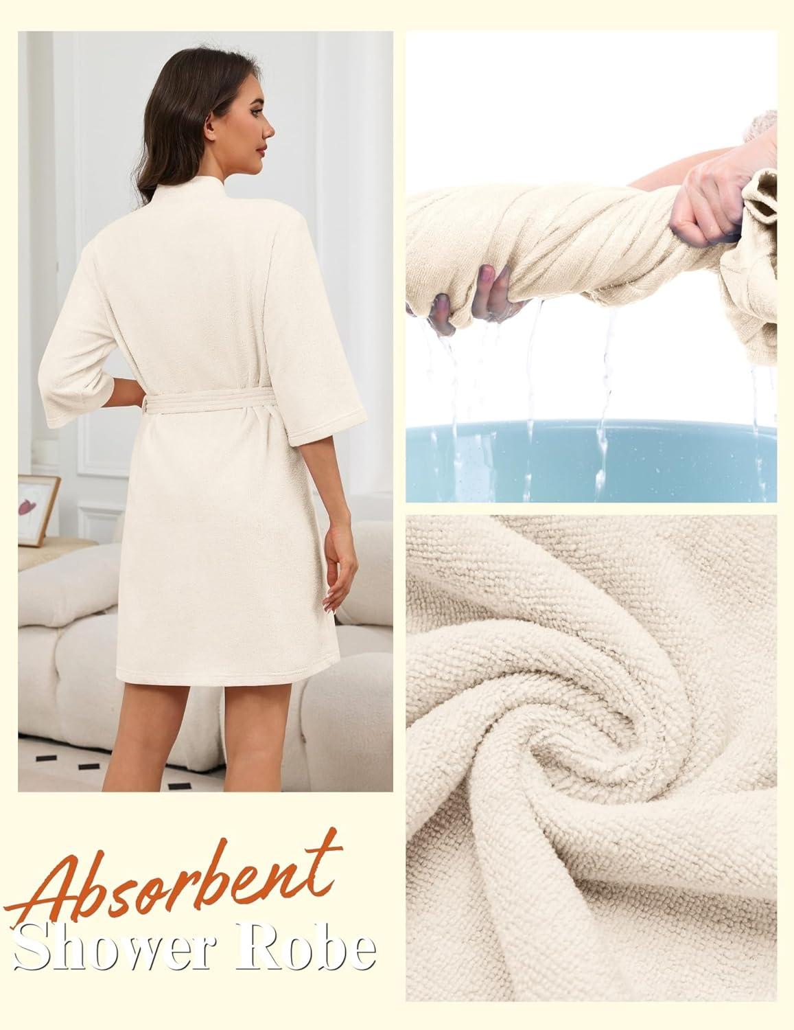 imageEkouaer Women Terry Cloth Robes Absorbent Towel Robe Knee Length Soft Bathrobe 34 Sleeve Spa Robe with Pockets S2XLCream