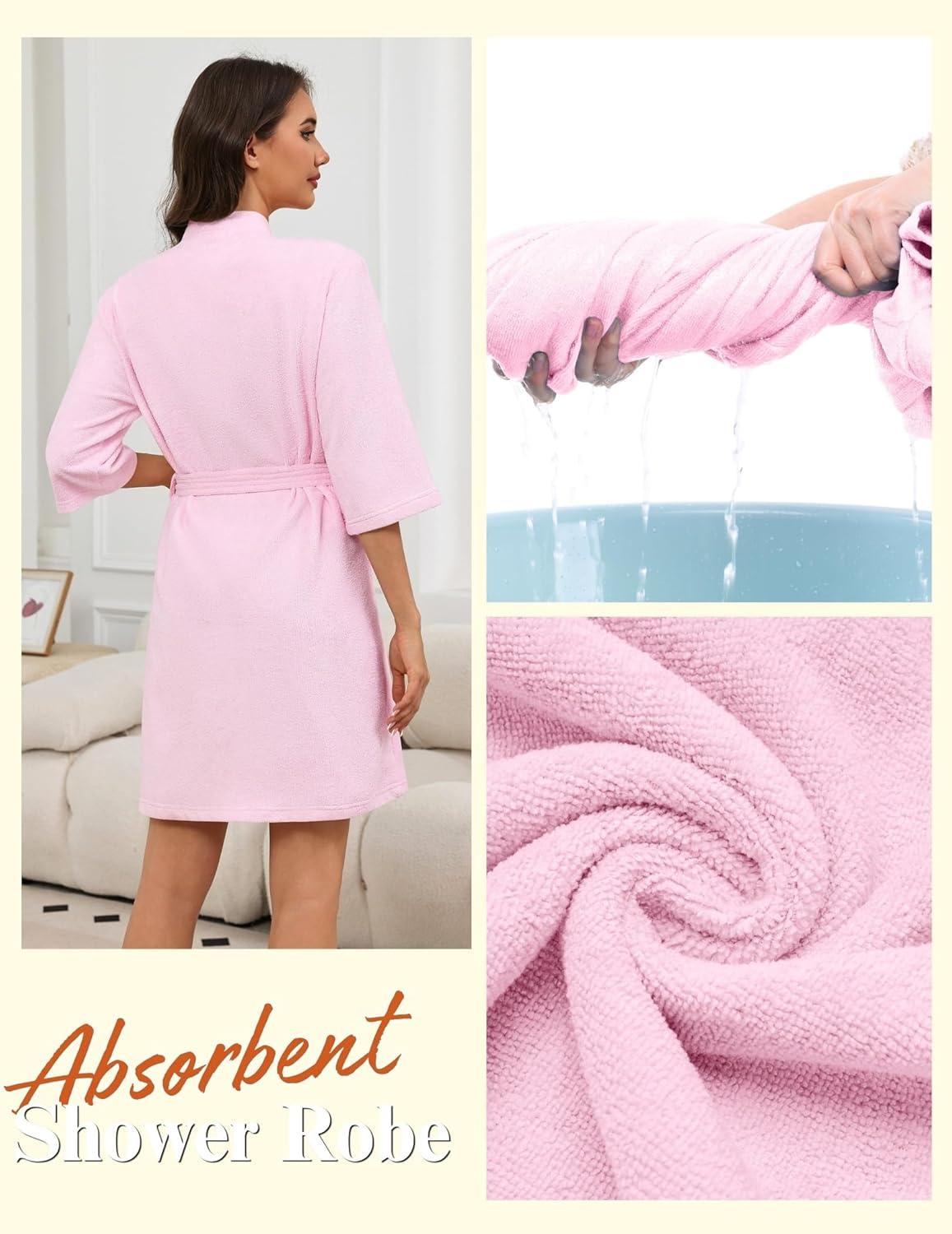 imageEkouaer Women Terry Cloth Robes Absorbent Towel Robe Knee Length Soft Bathrobe 34 Sleeve Spa Robe with Pockets S2XLPink